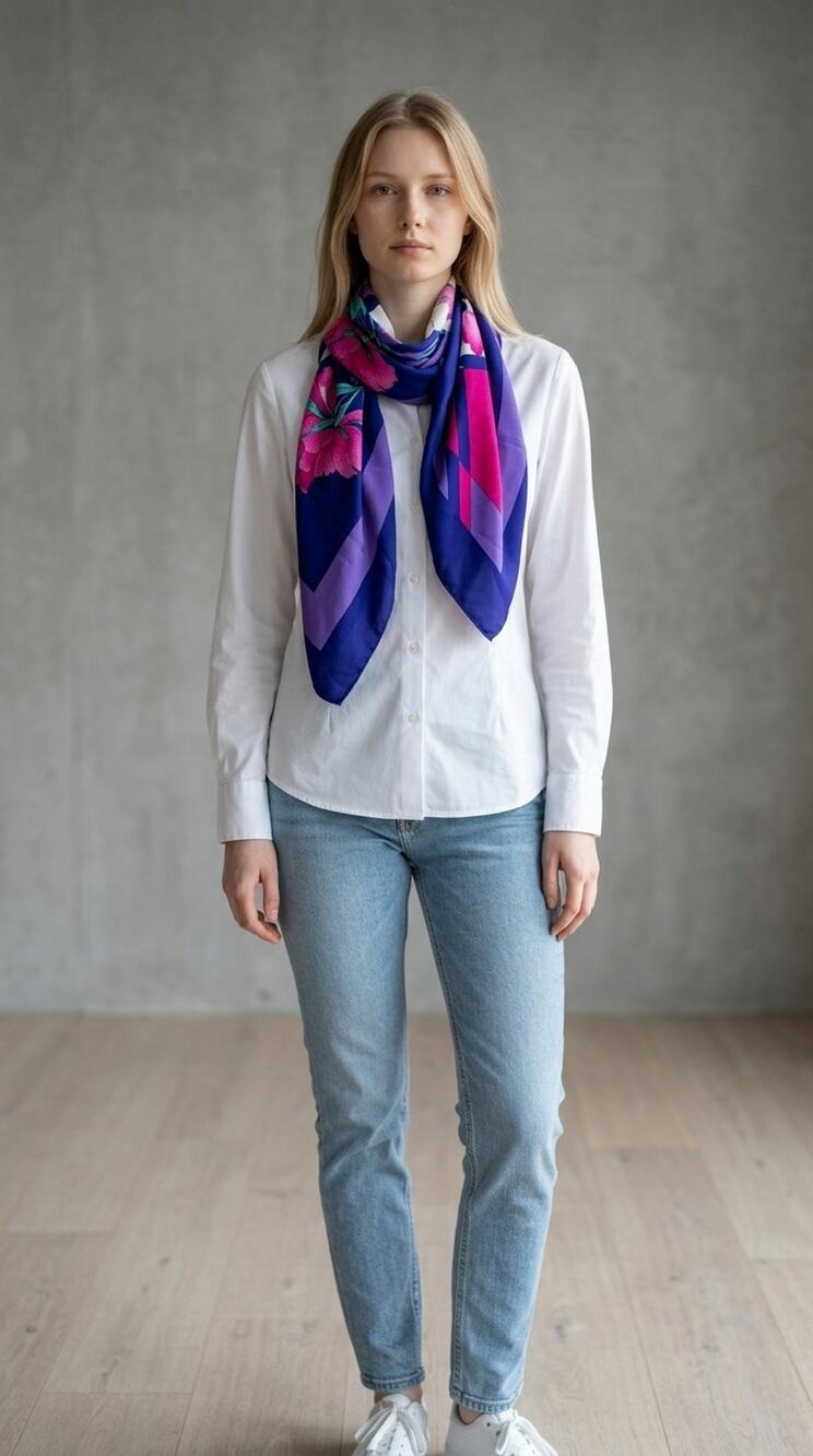 Vintage 90s Chiffon Scarf Geometric Floral Purple Blue Pink Square Wrap 30x30